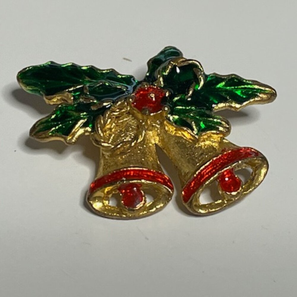 VTG Christmas Holiday Bells Gold Tone Enamel Bow Holly Berries Brooch Pin 1.5"x1
